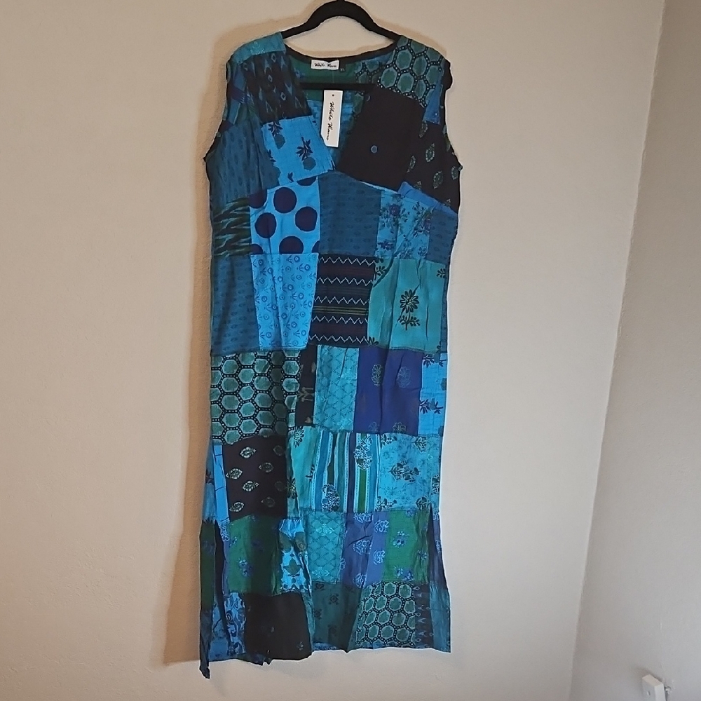 White Waves Vibrant Blue and Green Patchwork Maxi Dress
